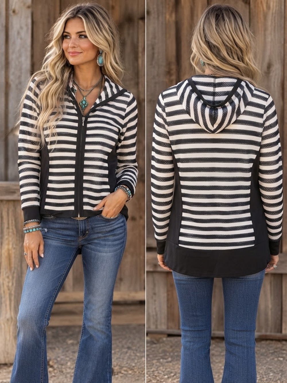Chico’s Zenergy Black & White Striped Mesh Full-Zip Hoodie – Size 1 / Med NWOT